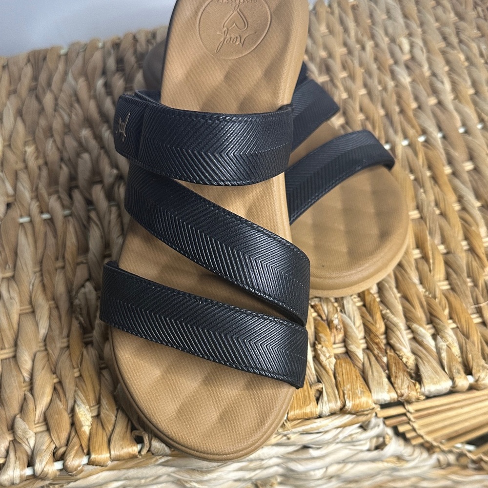 Reef Women's Black Strappy Slide Sandals with Tan Footbed